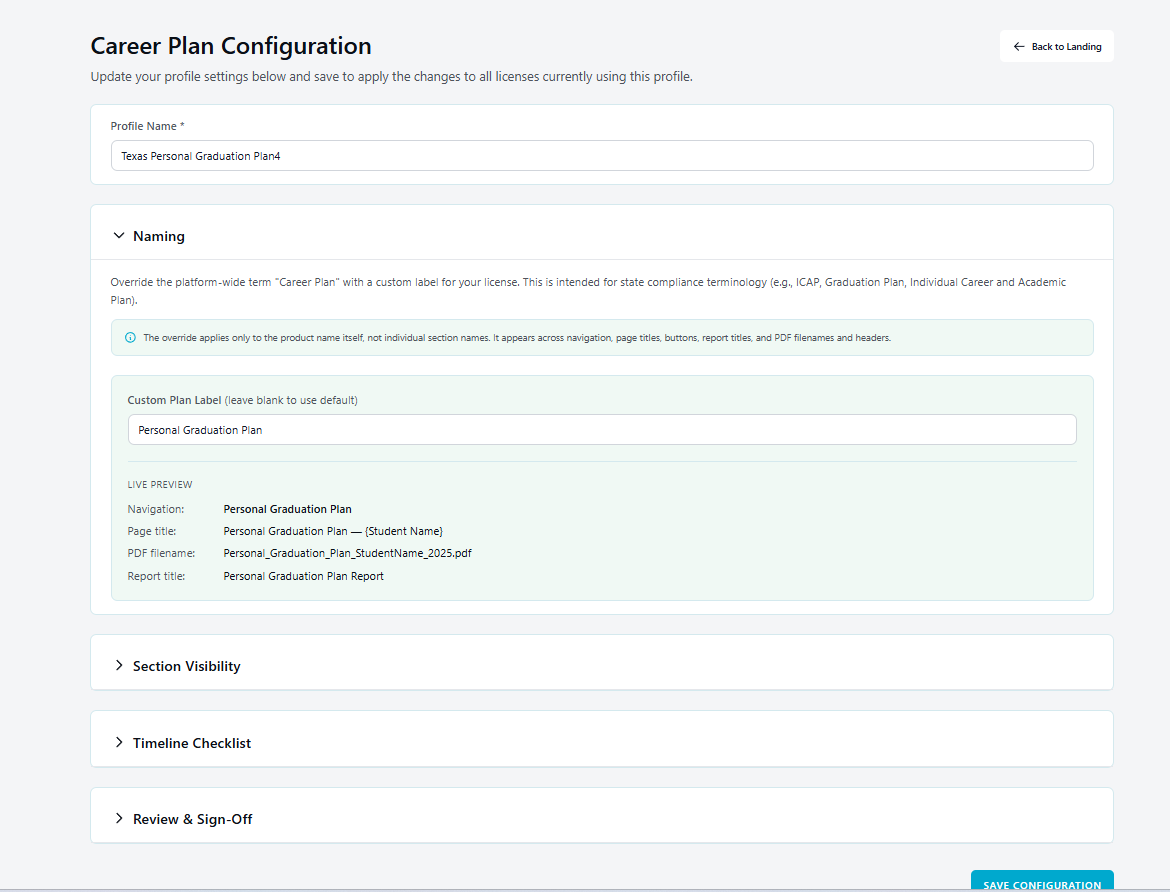 Career Plan Configuration screen with Naming, Section Visibility, Timeline Checklist, and Review & Sign-Off panels