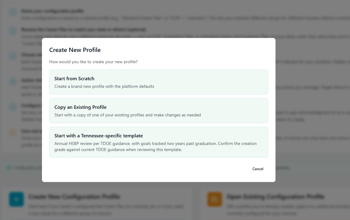 Create New Profile modal with options to start from scratch, copy an existing profile, or use a state-specific template