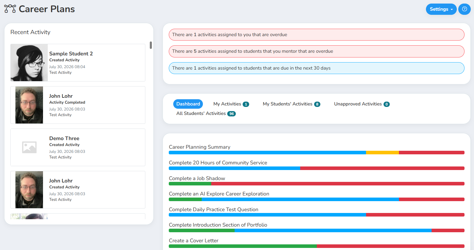 Career Plans dashboard showing task and competency progress