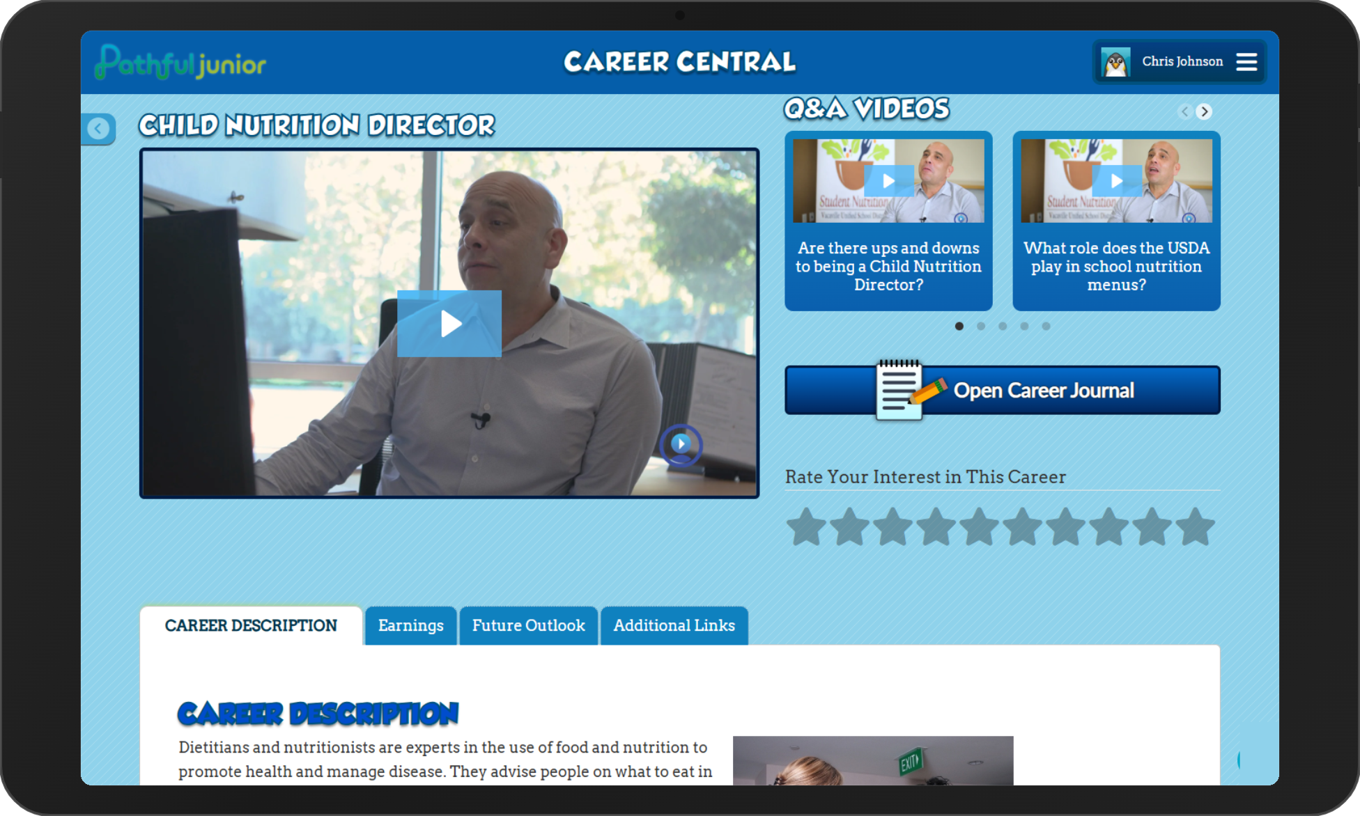 A Career Central career profile page for Child Nutrition Director, showing the job shadow video, Q&A videos, and star rating