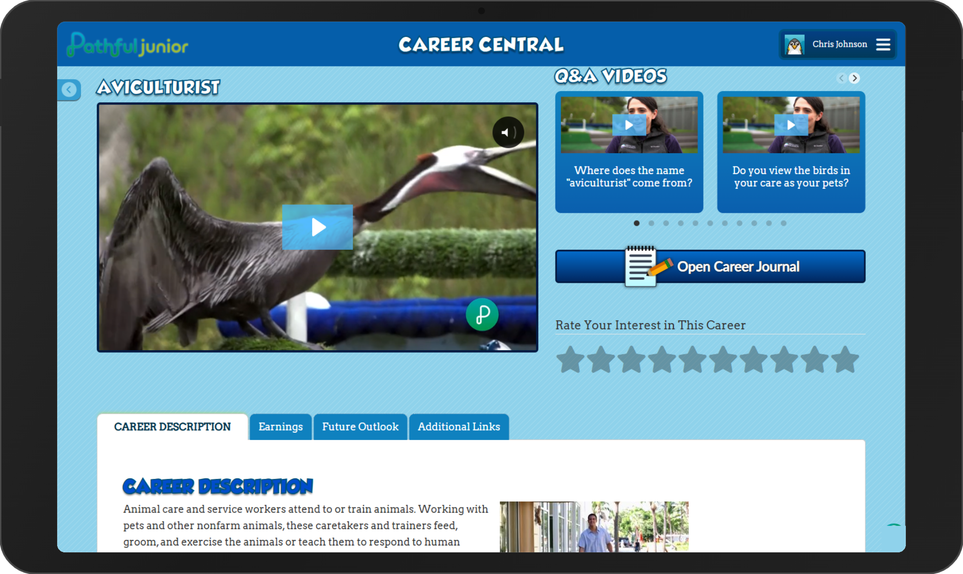A Career Central profile for Aviculturist, showing the job shadow video, Q&A videos, Open Career Journal button, and star rating
