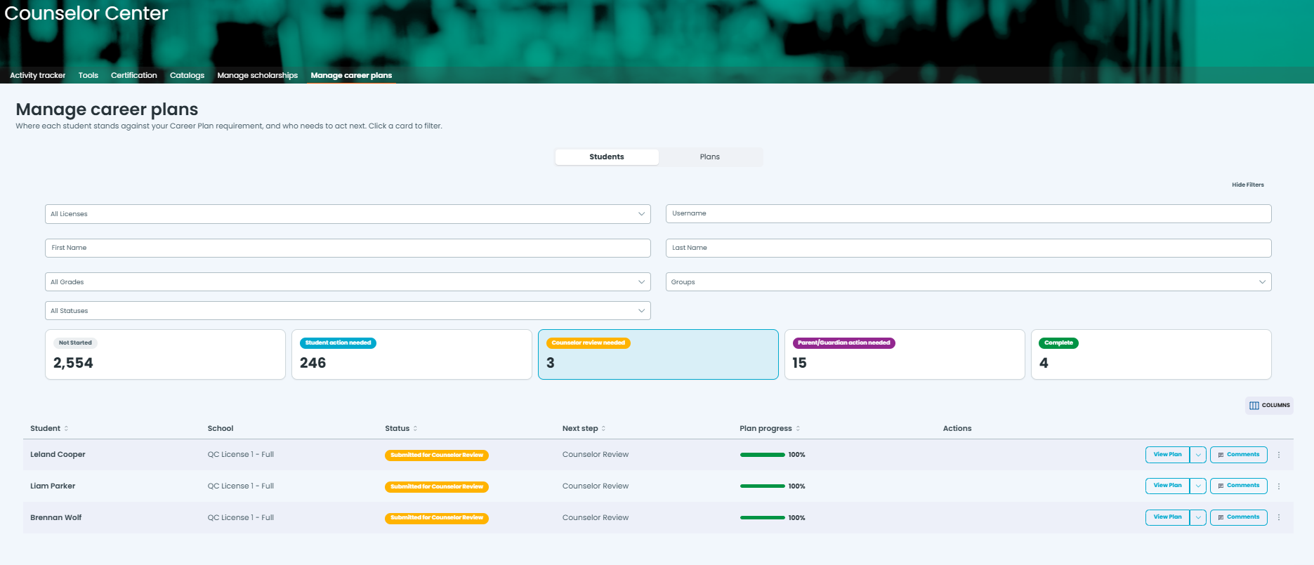 Manage Career Plans dashboard in Counselor Center, showing status counts including Parent/Guardian action needed