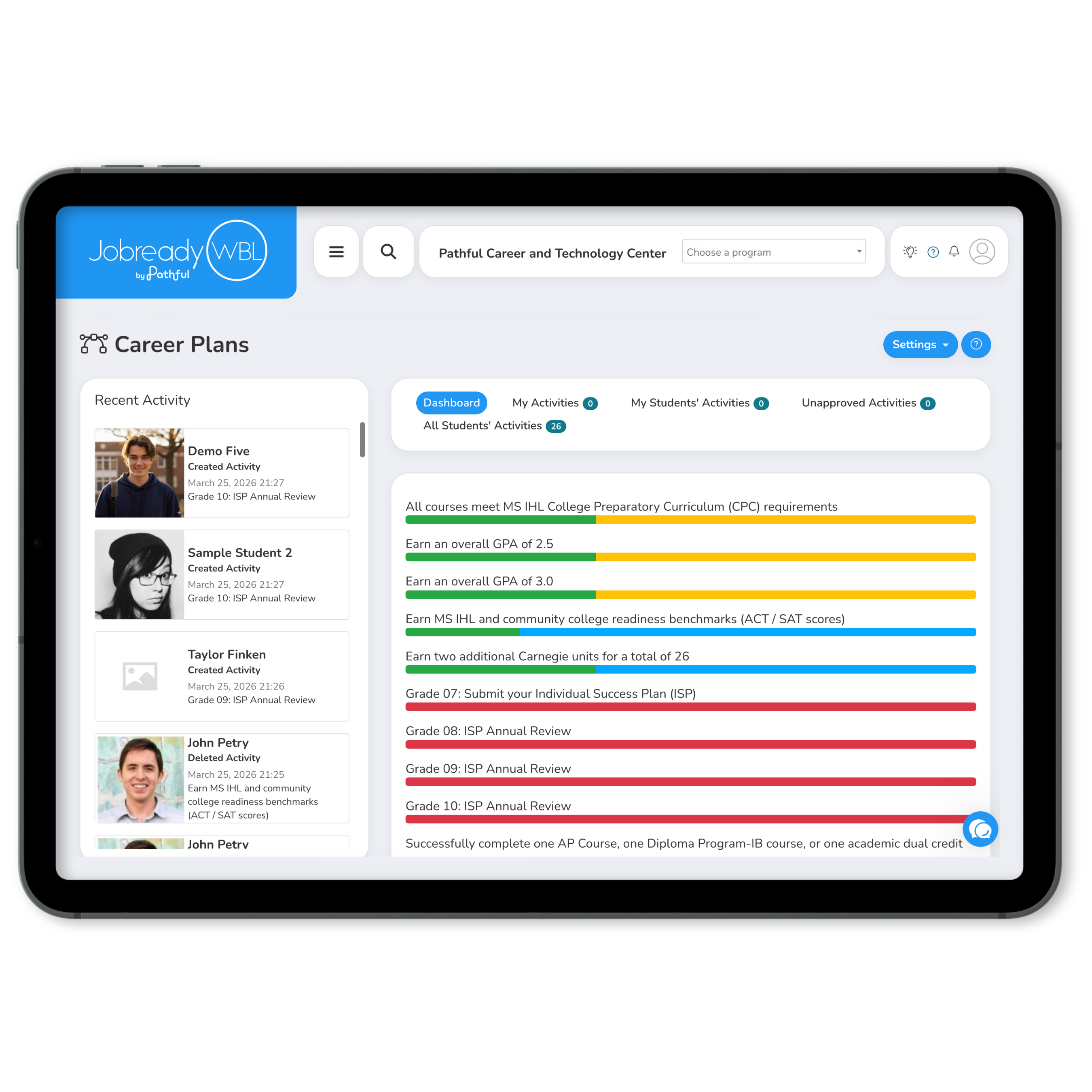 Jobready WBL by Pathful — Career Plans dashboard tracking student graduation and ISP milestones
